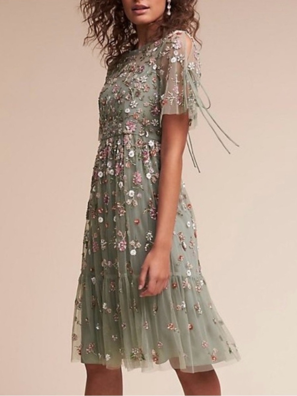 Needle & Thread Floweret Sage Green Embellished Floral Midi Dress US 6
